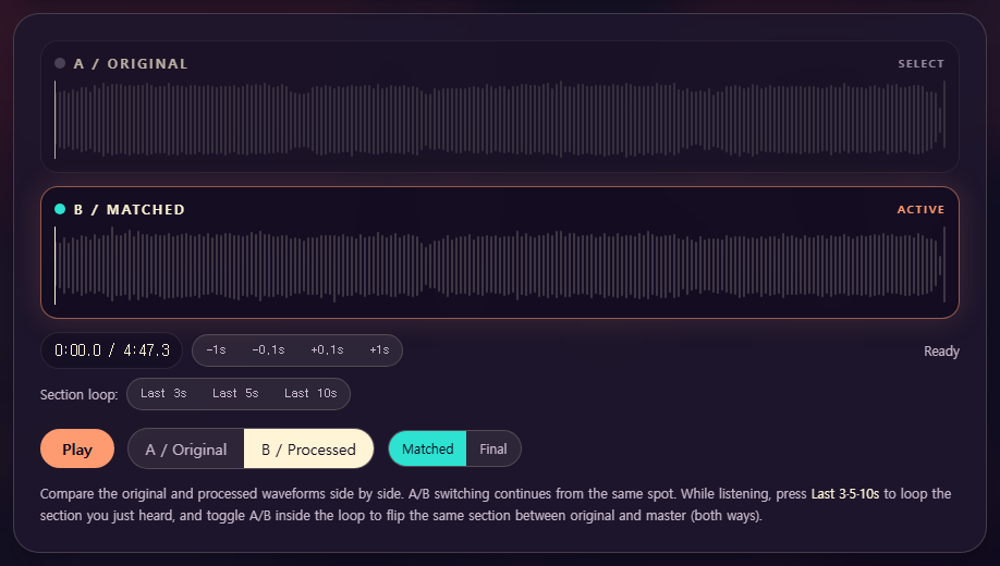 A/B player comparing original and mastered waveforms with loop controls
