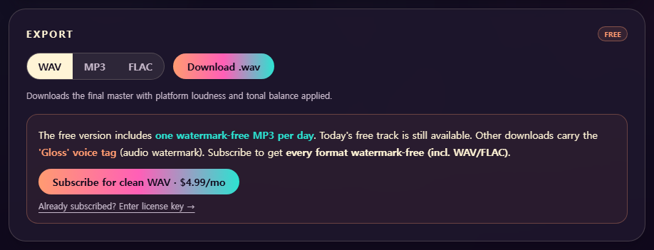 Export screen with format selection, free daily MP3 notice, and subscribe button