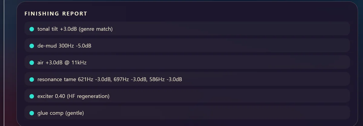 자동 마감이 적용한 항목을 나열한 Finishing Report 화면